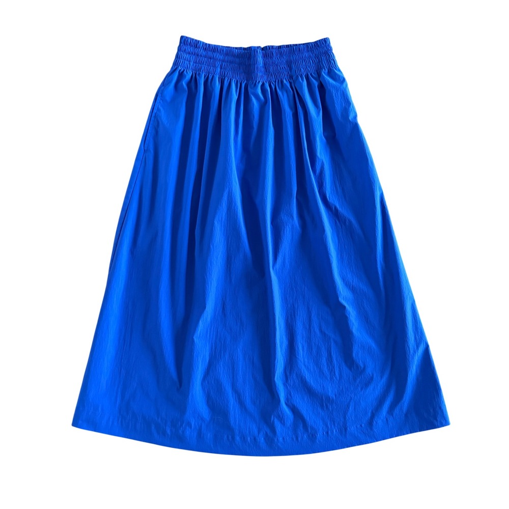 Athleta Brooklyn Skirt Blue Smocked Waist Midi Pockets Recycled Poly 686392 SP